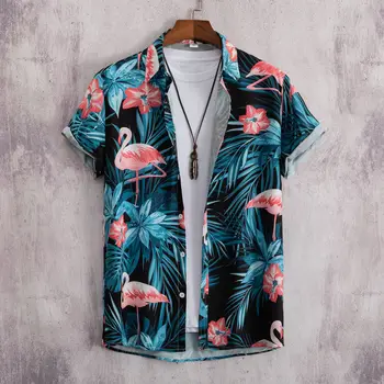 2023 Гавайская Рубашка Мужская Модная Блузка Со Стоячим воротником С Принтом Фламинго, однобортные Пляжные Топы с коротким рукавом, Праздничная Одежда