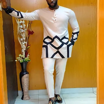 Белый Новый комплект мужской одежды из 2 предметов в африканском стиле Дашики, мужская одежда в стиле Дашики, рубашка с длинным рукавом, брюки, социальные элементы, африканская одежда для мужчин
