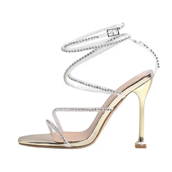 Женские квадратный носок белые высокие каблуки открытым носком бриллиантами Bling Кристалл сандалии лодыжки ремни ремень римские золотые высокие каблуки 43