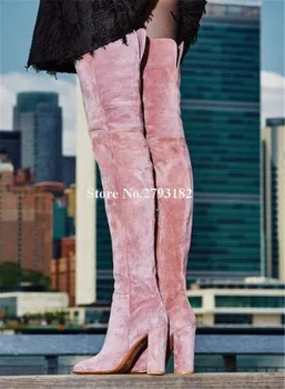 Зимние Модные женские бархатные сапоги выше колена на не сужающемся книзу массивном каблуке с круглым носком, Розовые, синие, красные Сапоги на высоком толстом каблуке