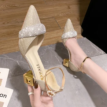 Золото серебро Кристалл свадебные туфли для женщин элегантные дамы высокий каблук Обувь для танцев Жемчужина лета 2022 женщины лодыжки ремень насосы сандалии
