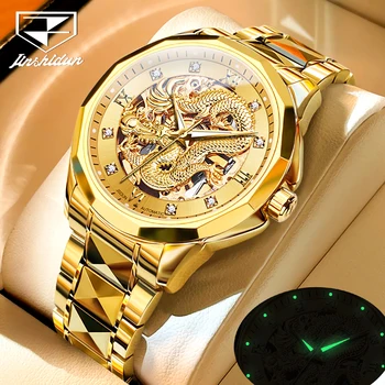 Оригинальные Роскошные часы JSDUN от ведущего бренда для мужчин, автоматические механические наручные часы Gold Dragon из нержавеющей стали, водонепроницаемые, светящиеся
