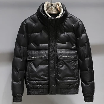 Хорошая шикарная зимняя мужская куртка-пуховик из искусственной кожи с утолщенным теплым воротником, съемное водонепроницаемое пальто на белом утином пуху, мужские парки, черная верхняя одежда