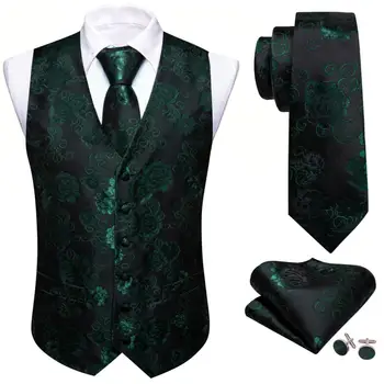Элегантный Жилет для мужчин, Шелковый, черный, зеленый, в цветочек, приталенный жилет, Комплект Галстуков, Официальная деловая куртка без рукавов Barry Wang
